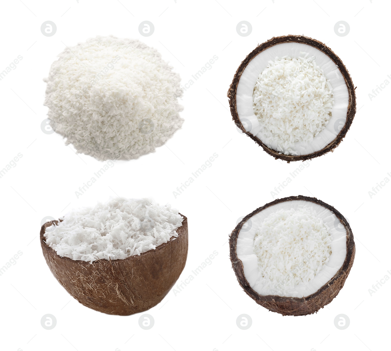 Image of Set with fresh coconut flakes isolated on white