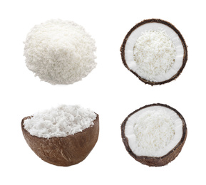 Image of Set with fresh coconut flakes isolated on white