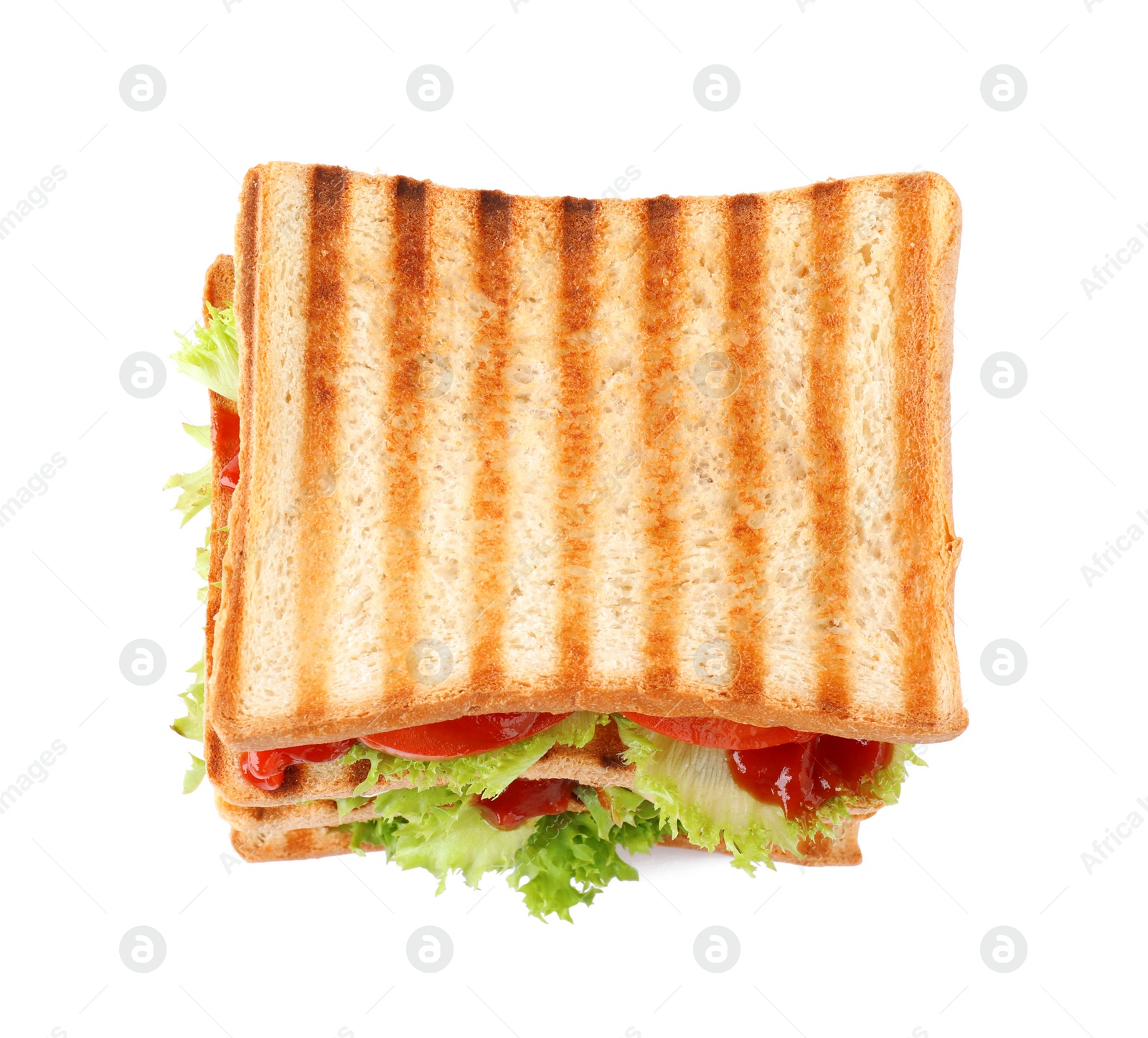 Photo of Yummy sandwich isolated on white, above view