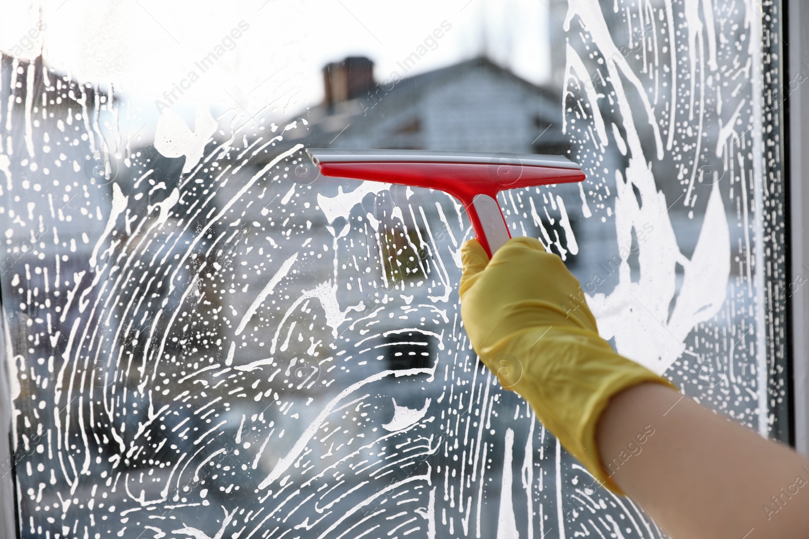 Photo of Woman cleaning window with squeegee indoors, closeup