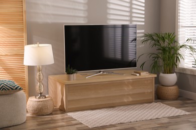 Photo of Stylish living room interior with TV on cabinet and houseplant