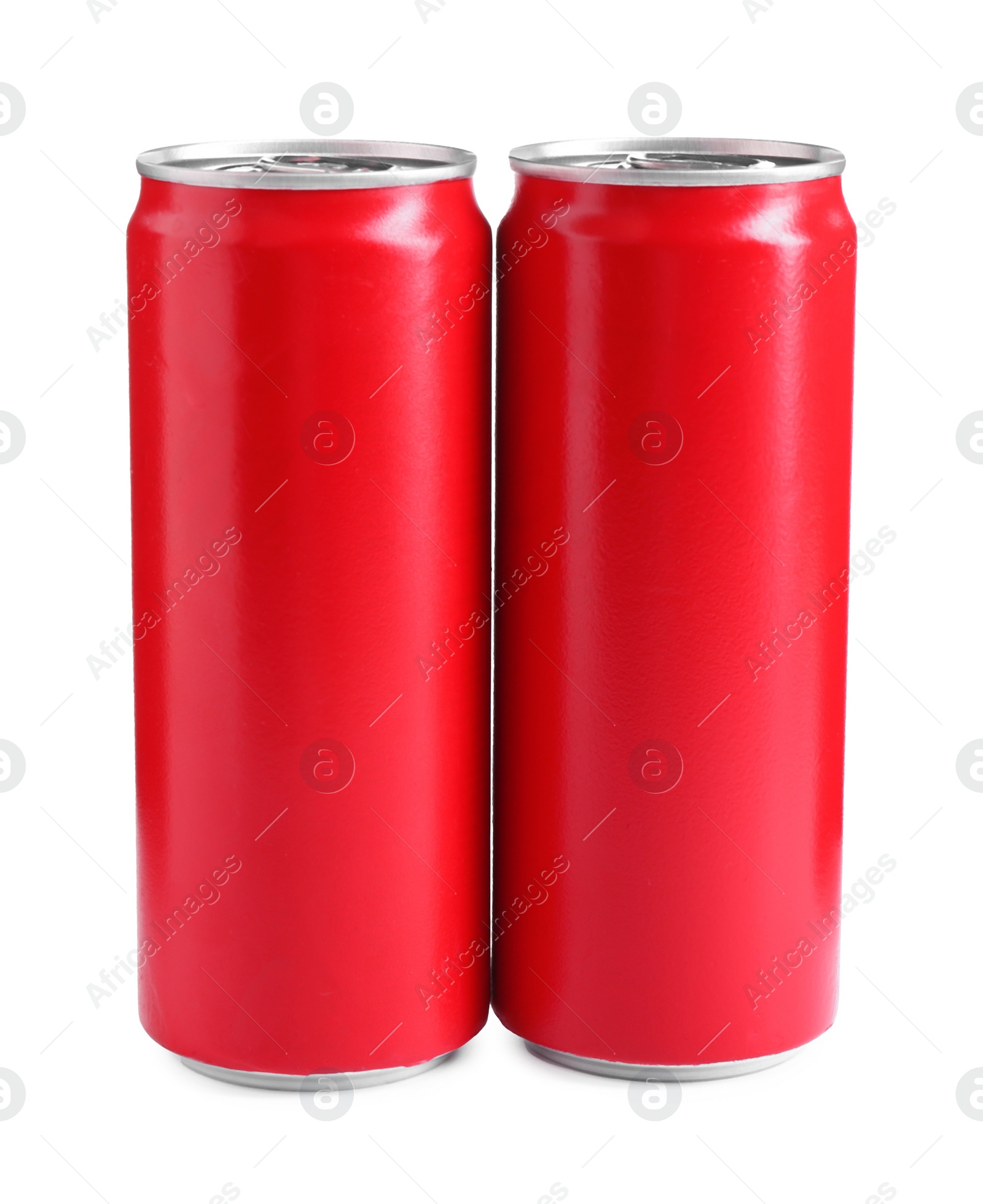 Photo of Energy drinks in red aluminum cans on white background