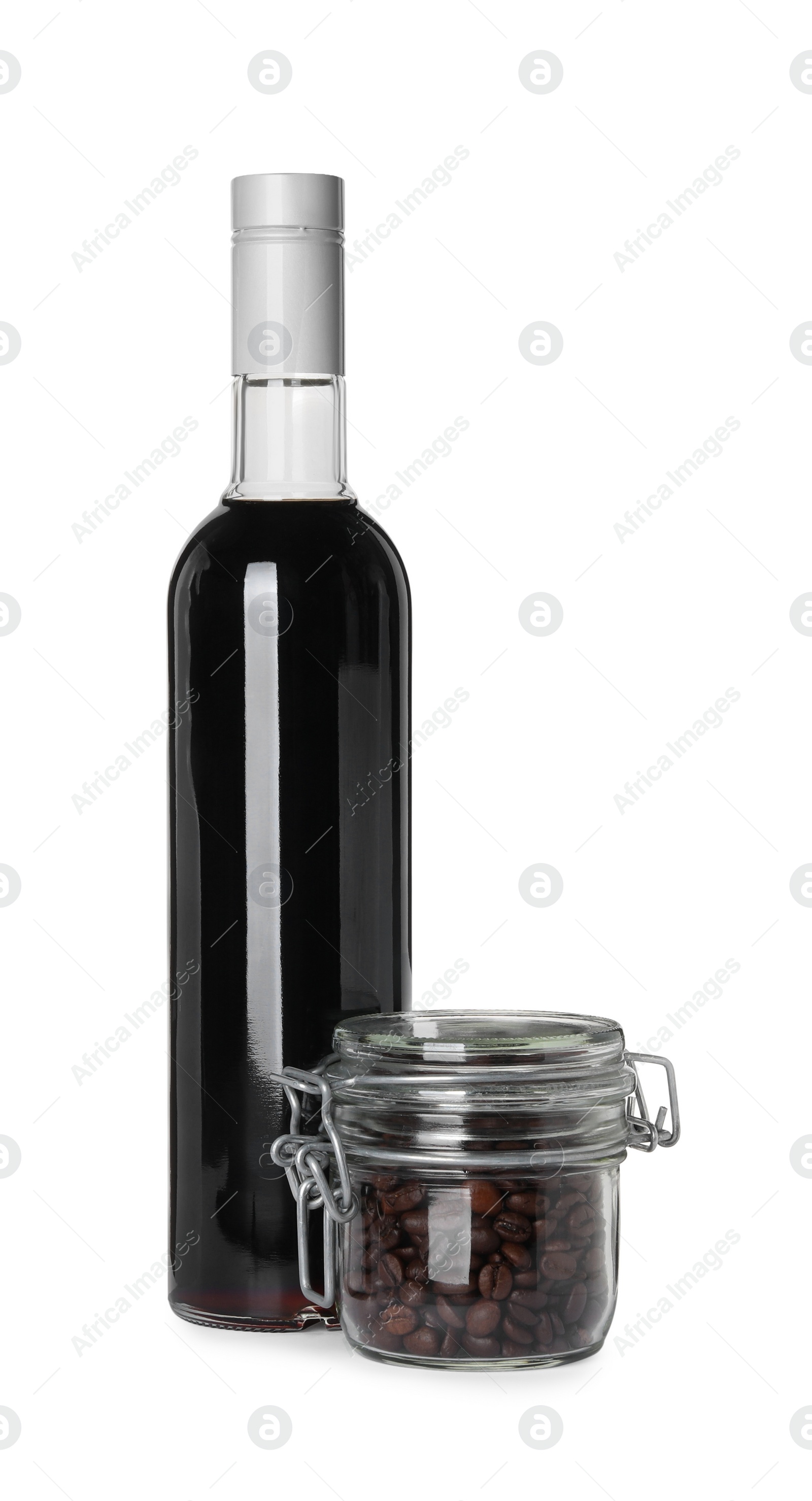 Photo of Delicious syrup and jar with coffee beans on white background