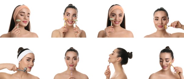 Young woman using face roller on white background, collage. Banner design