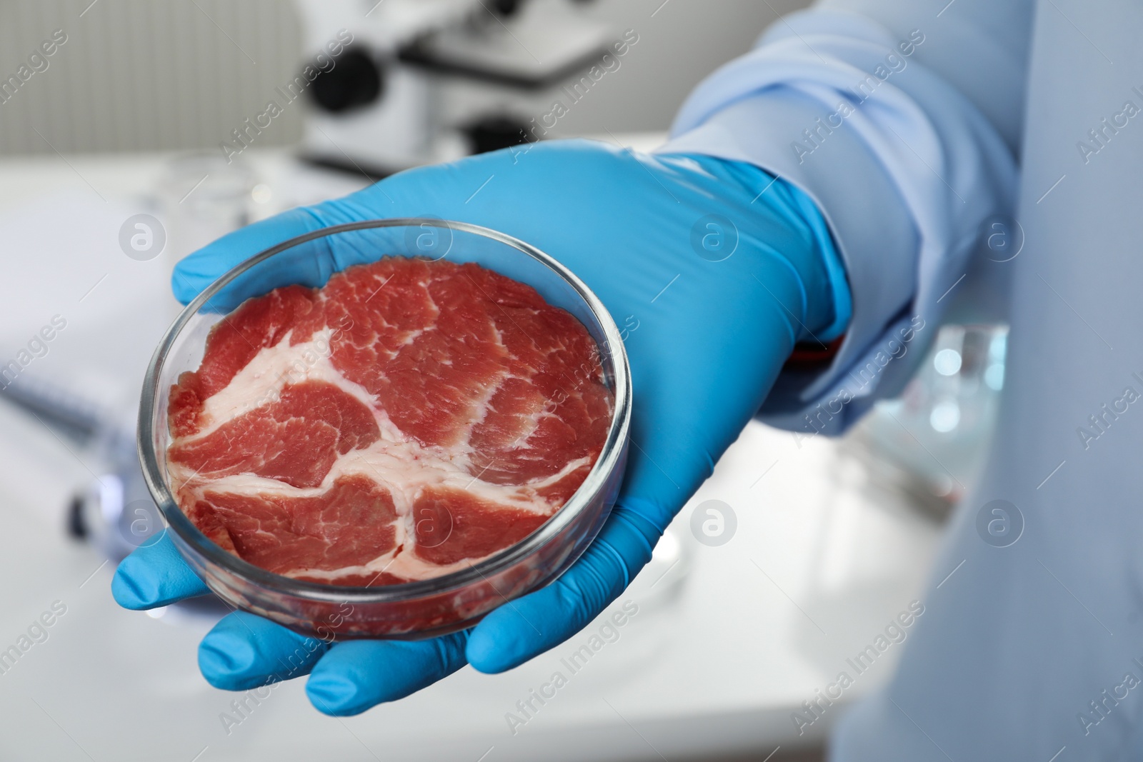 Photo of Scientist holding Petri dish with cultured meat in laboratory, closeup