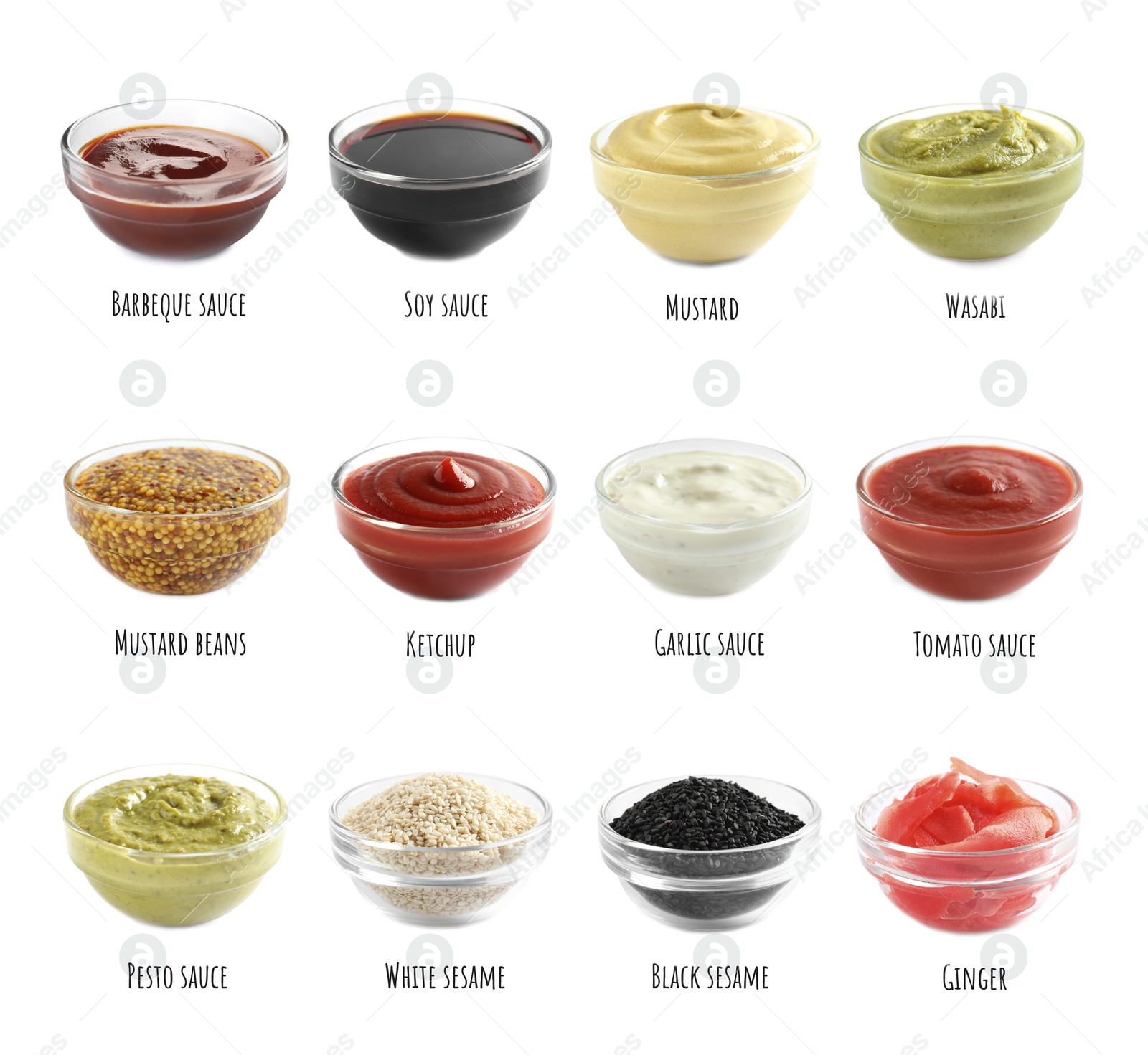 Image of Set of different delicious sauces and condiments with names on white background