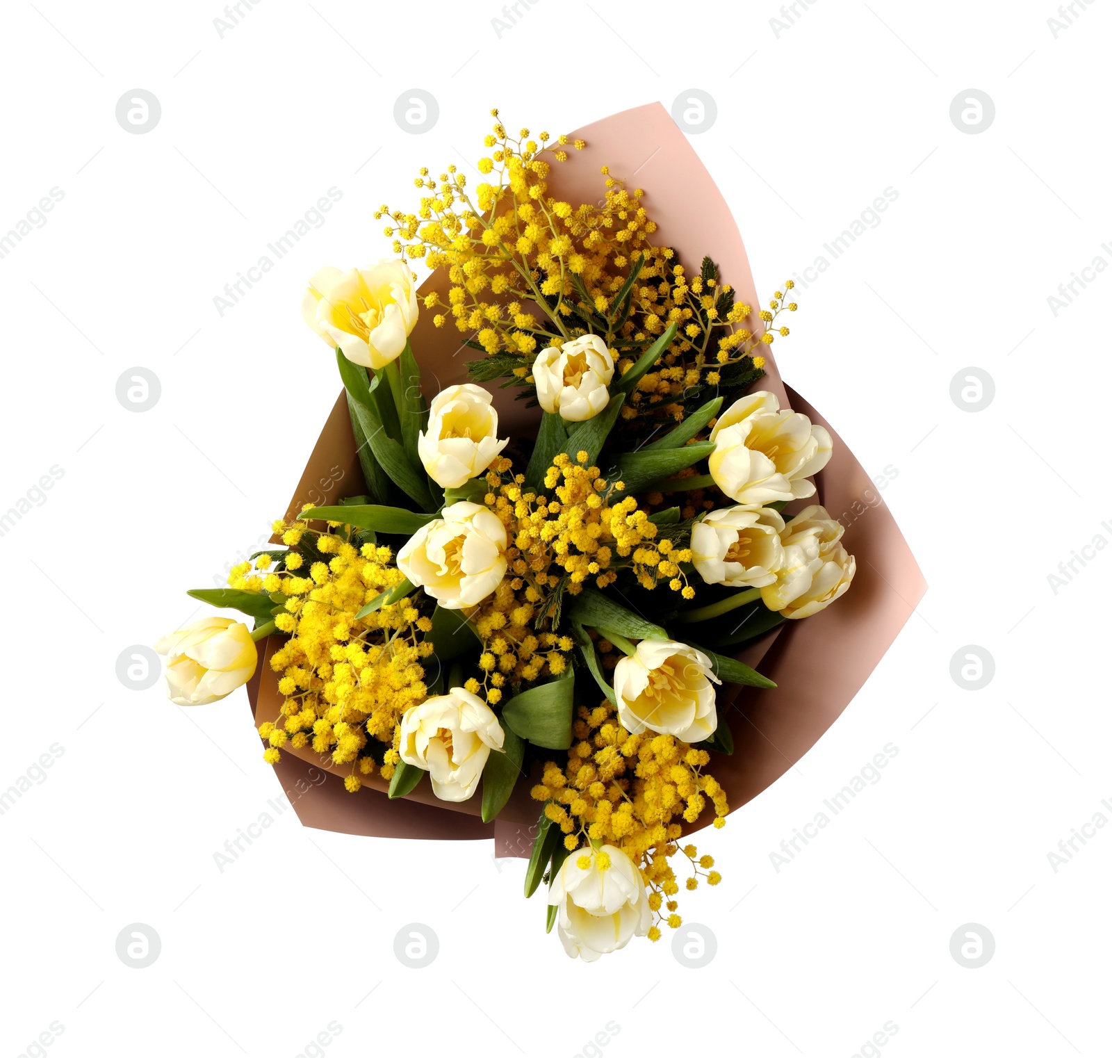 Photo of Bouquet of beautiful spring flowers isolated on white, top view