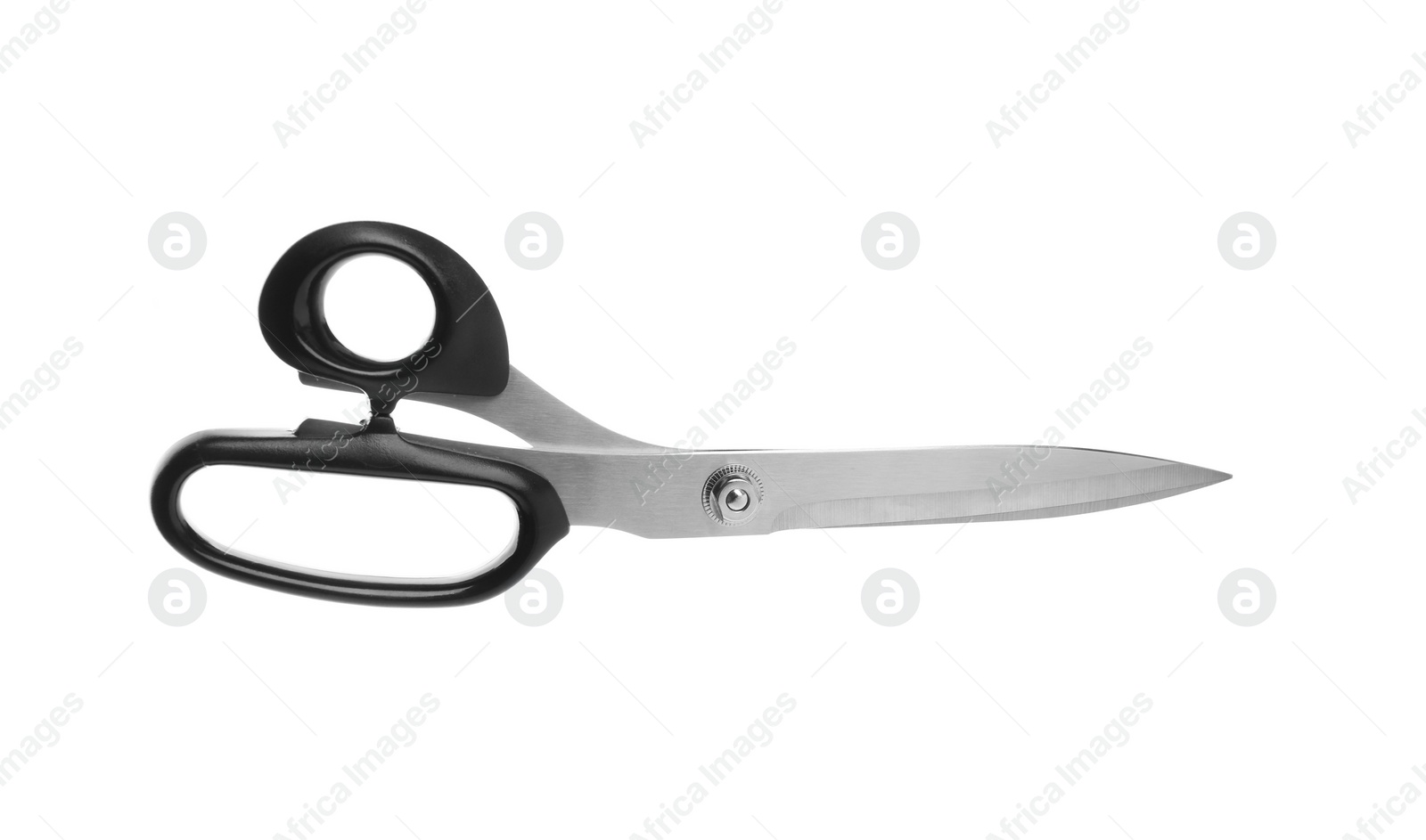 Photo of Pair of sharp sewing scissors on white background