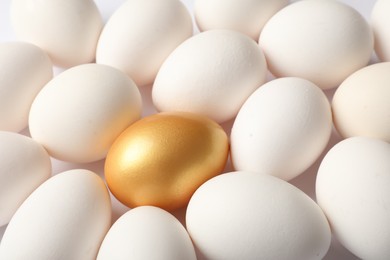 Photo of Golden egg among ordinary ones on white background