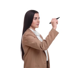 Photo of Beautiful businesswoman with marker on white background