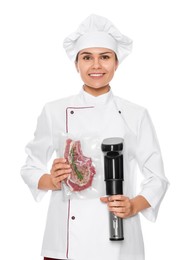 Photo of Chef holding sous vide cooker and meat in vacuum pack on white background