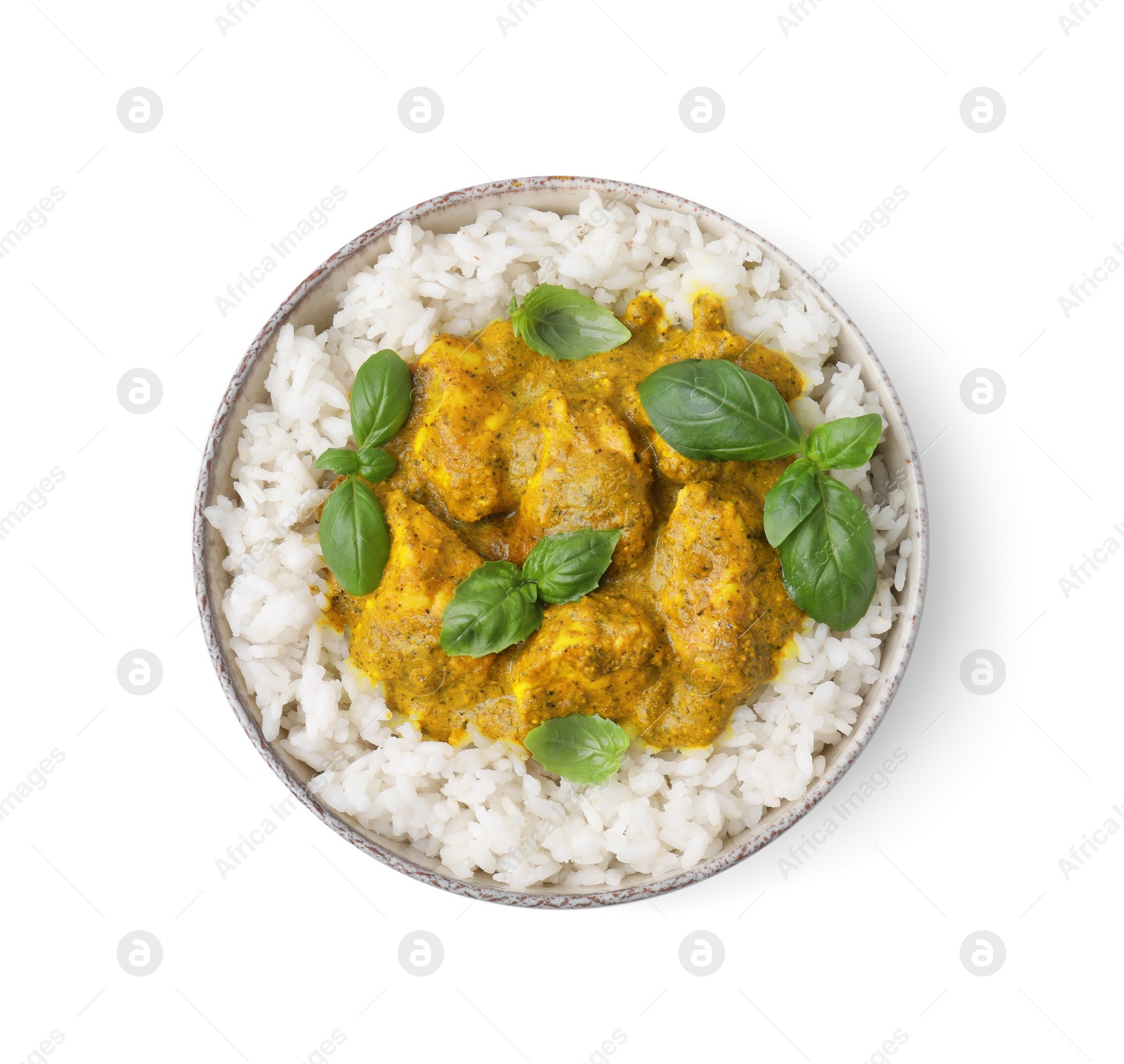 Photo of Delicious rice and chicken with curry sauce isolated on white, top view