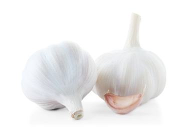 Photo of Ripe garlic on white background. Organic product