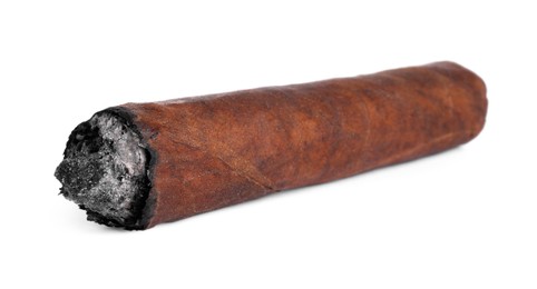 Photo of One burnt expensive cigar isolated on white