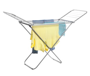 Modern drying rack with clothes on white background