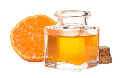 Photo of Aromatic tangerine essential oil in bottle and citrus fruit isolated on white