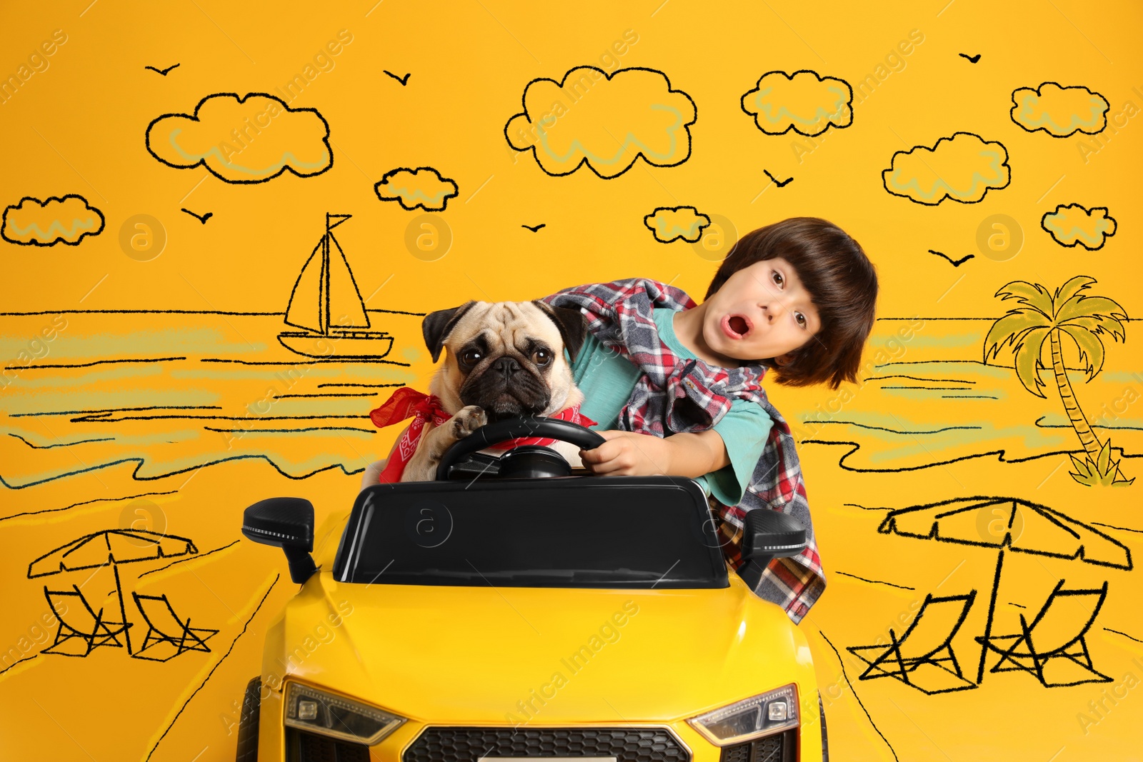 Image of Cute little boy with his dog in toy car and drawing of tropical resort on yellow background