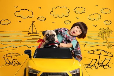 Cute little boy with his dog in toy car and drawing of tropical resort on yellow background