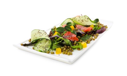 Photo of Plate of salad with mung beans isolated on white