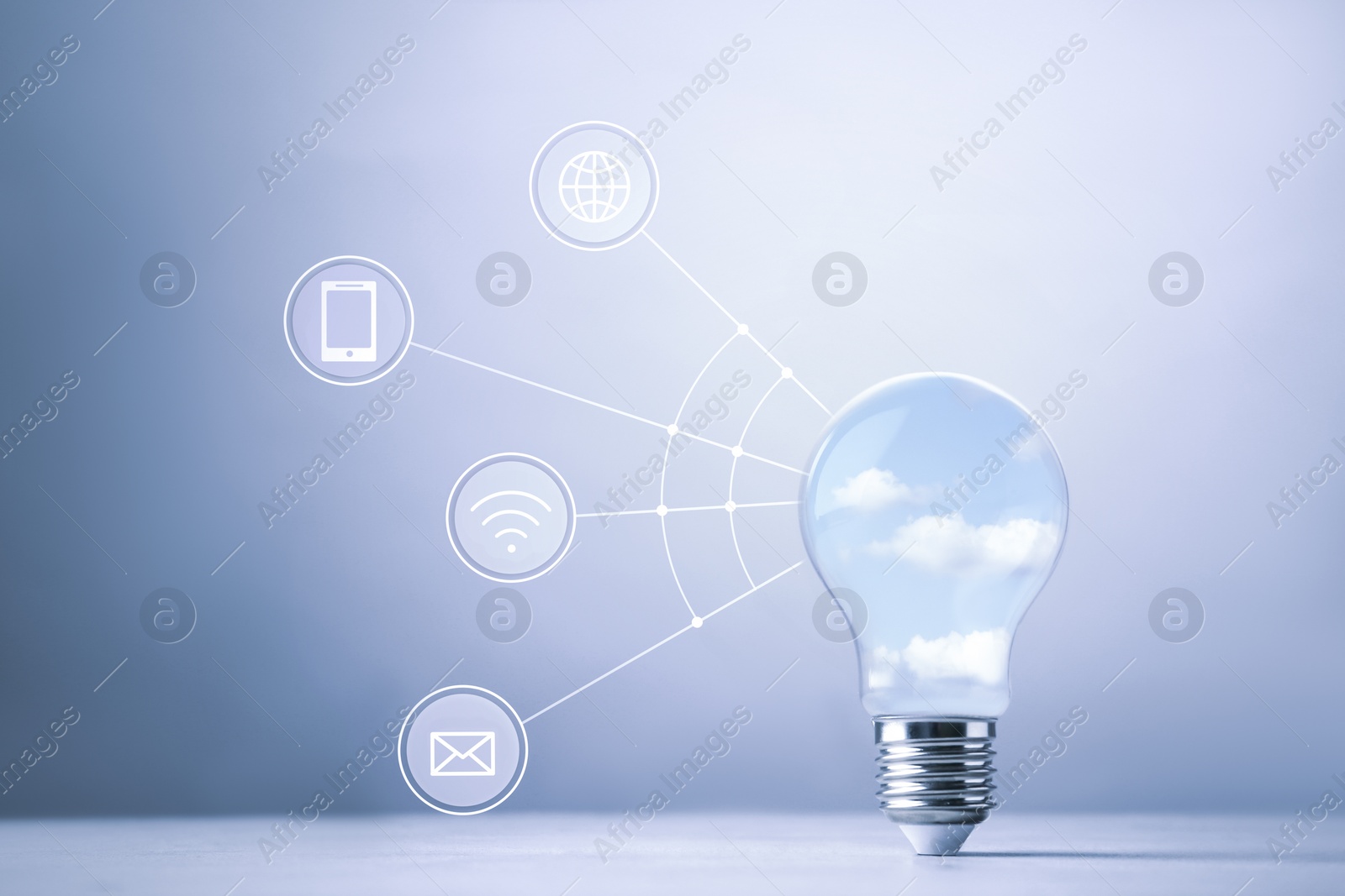 Image of Cloud technology concept. Light bulb with sky and different icons 