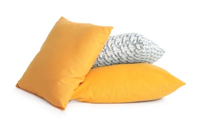 Different colorful decorative pillows on white background