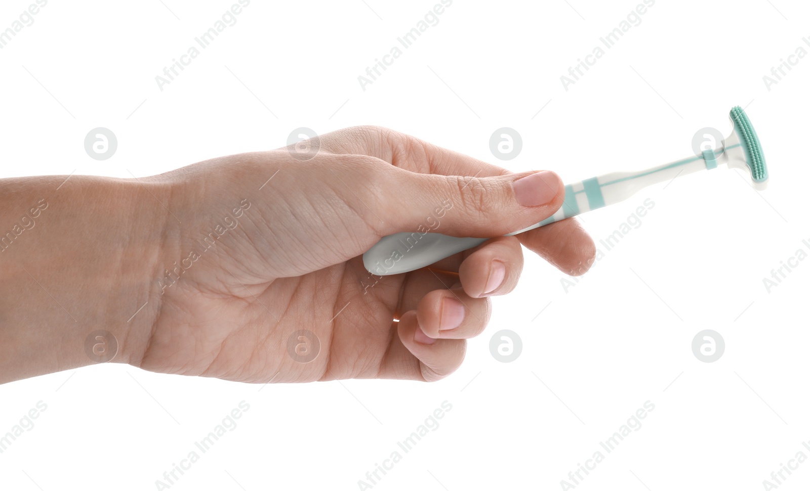 Photo of Woman holding tongue cleaner for oral care on white background, closeup