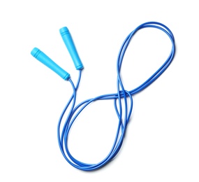 Photo of Jump rope on white background, top view