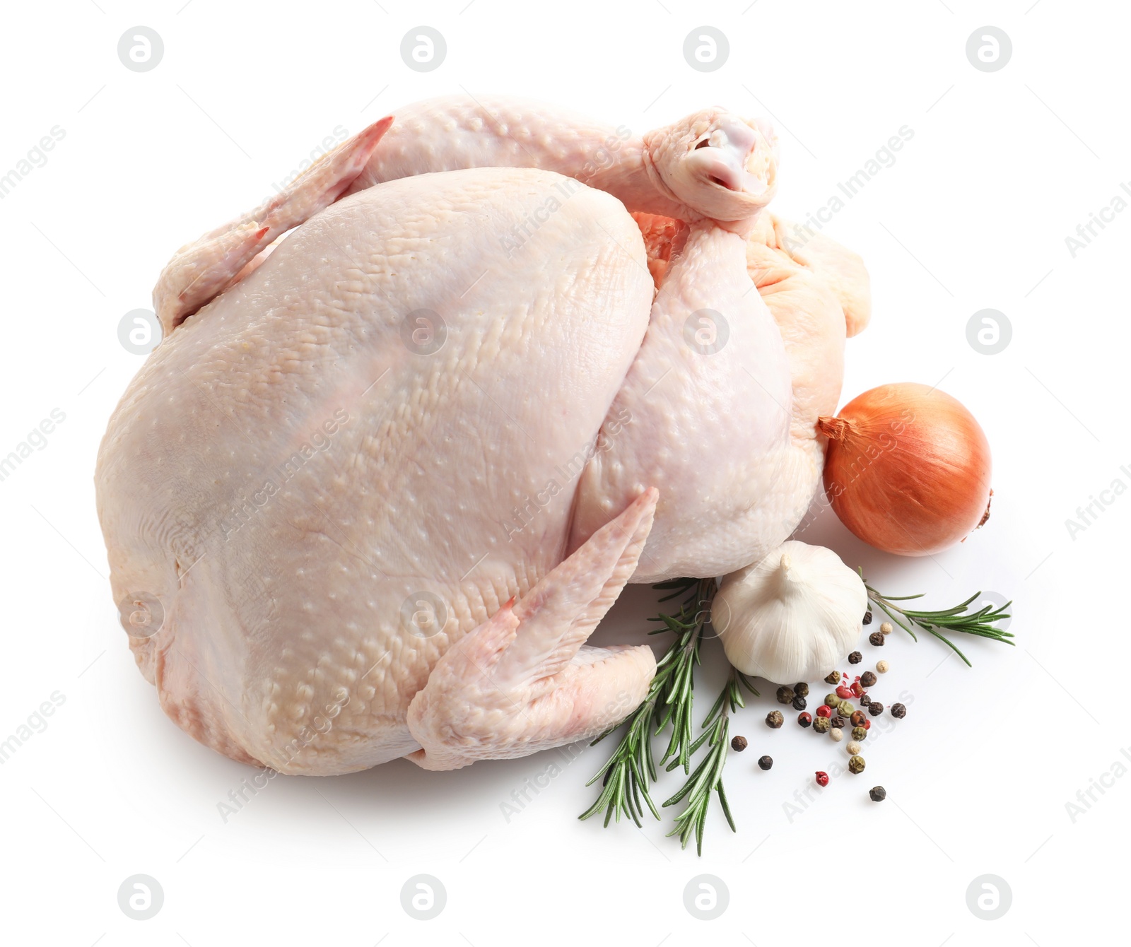 Photo of Raw turkey with ingredients on white background