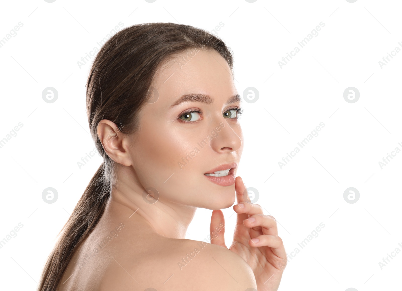 Photo of Portrait of young woman with beautiful face on white background