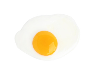 Photo of Tasty fried chicken egg isolated on white, top view