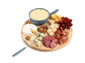 Photo of Fondue with tasty melted cheese, fork and different snacks isolated on white