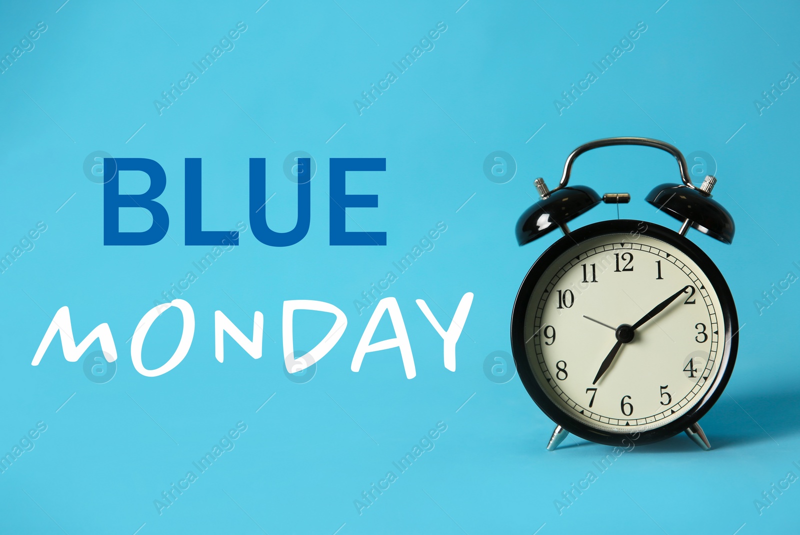 Image of Alarm clock and text Blue Monday on color background