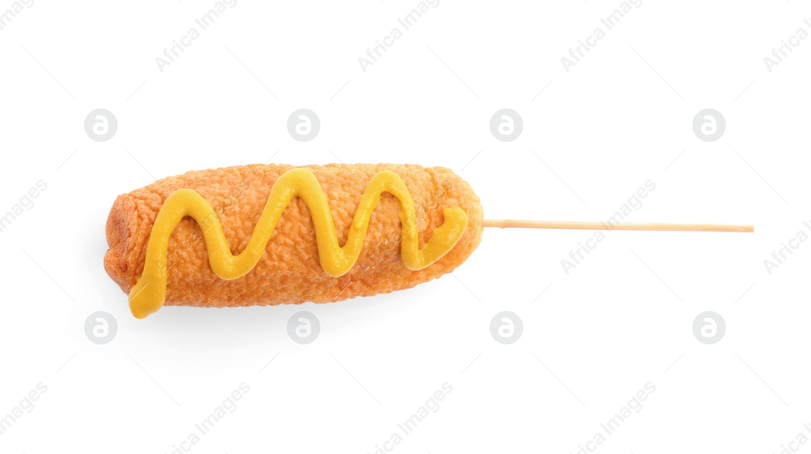 Photo of Delicious deep fried corn dog with mustard isolated on white, top view