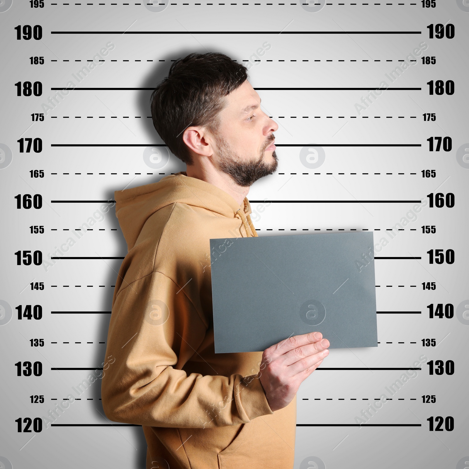 Image of Criminal mugshot. Arrested man with blank card against height chart