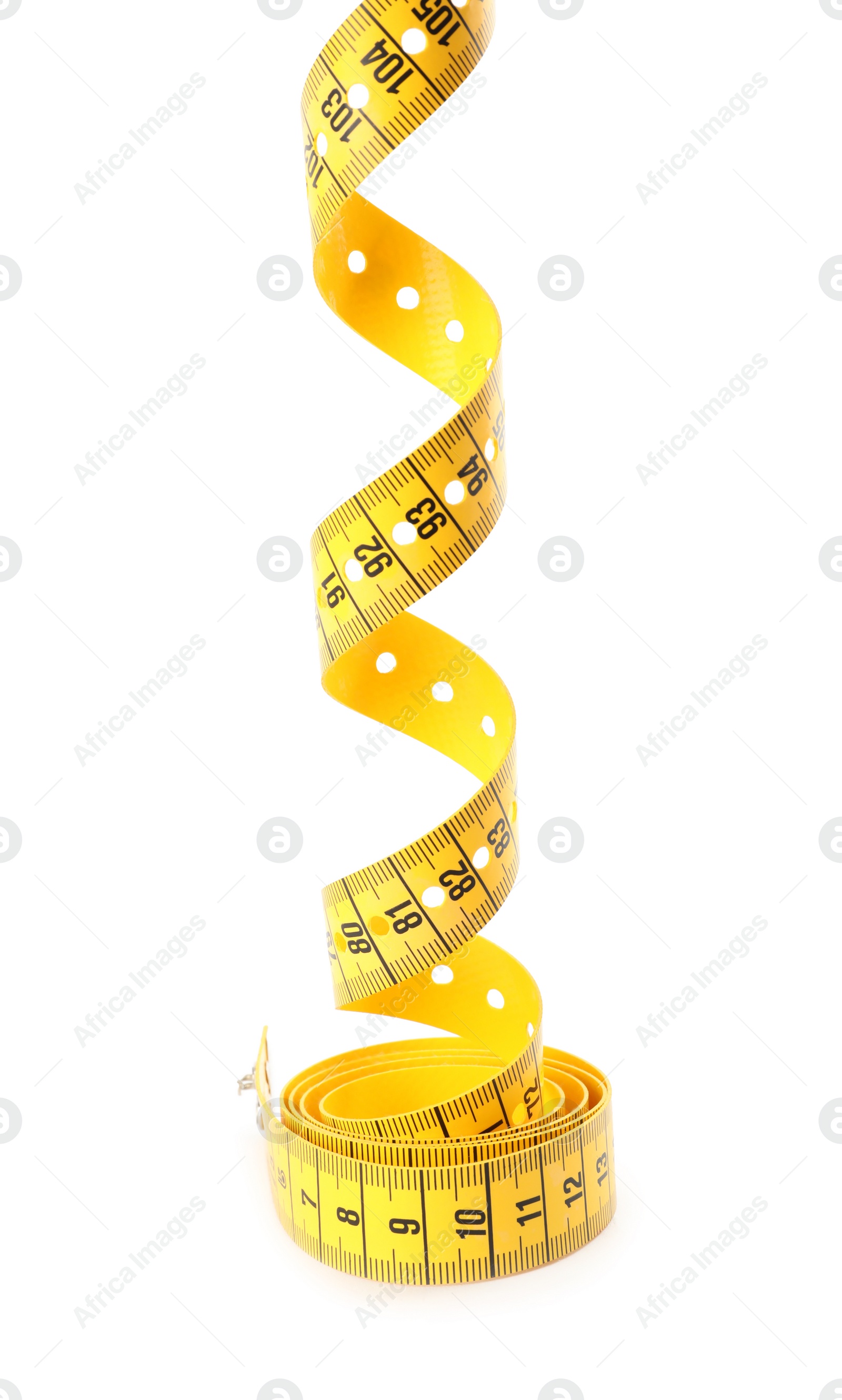 Photo of New yellow measuring tape isolated on white