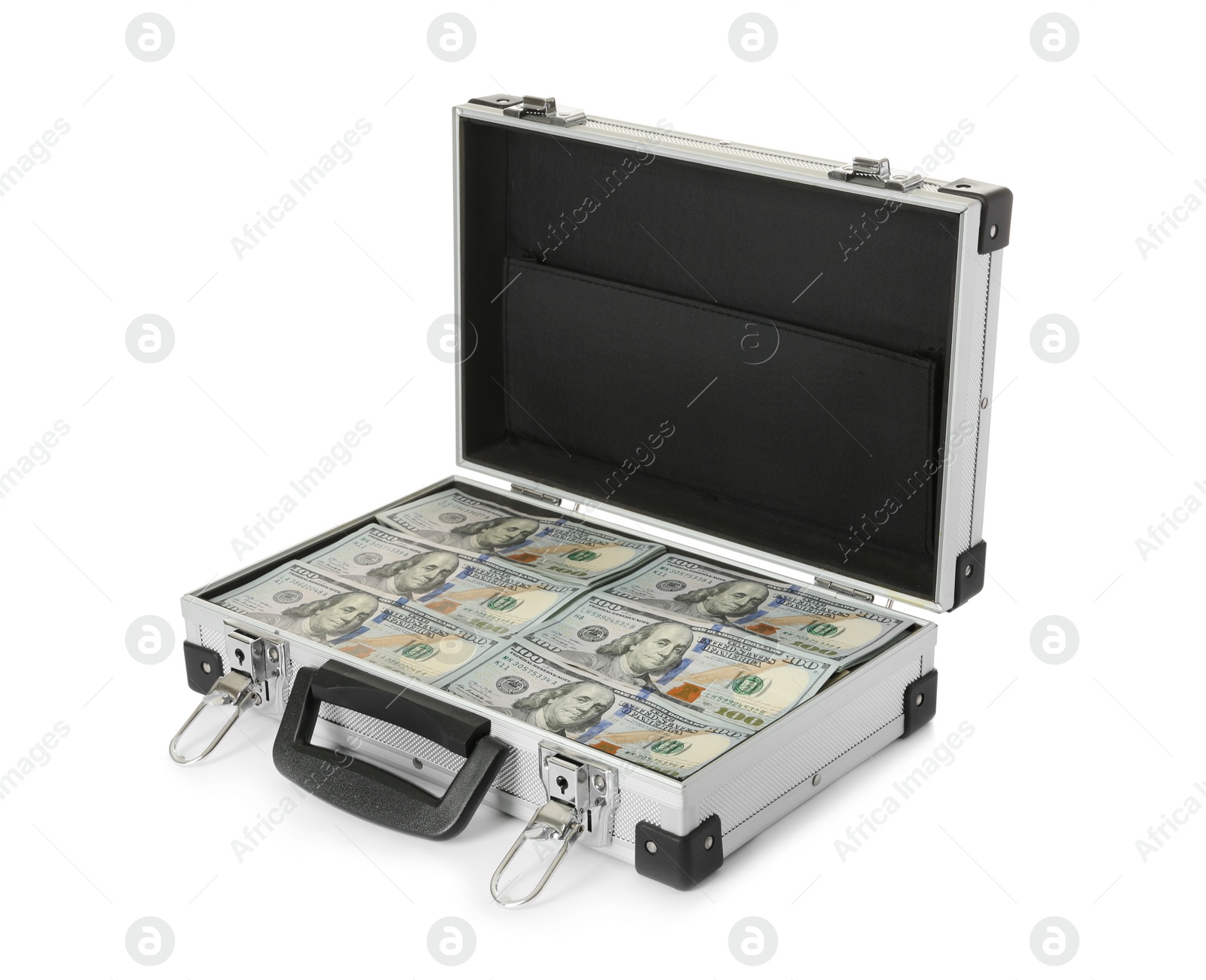 Photo of Open hard case full of money on white background