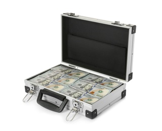 Photo of Open hard case full of money on white background