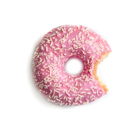 Photo of Delicious bitten doughnut with sprinkles on light background