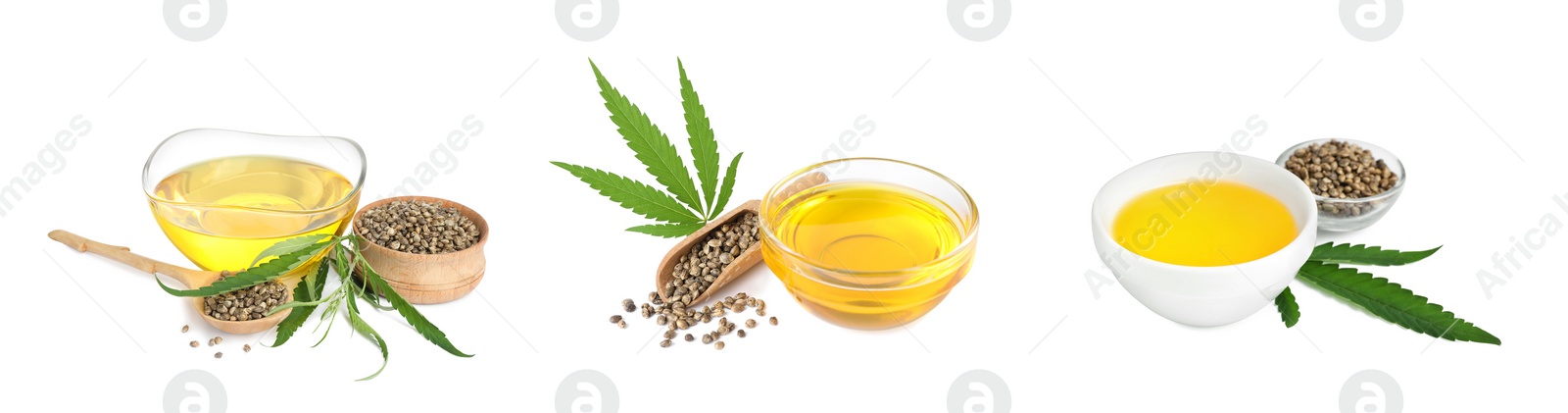 Image of Set with hemp oil, seeds and leaves on white background. Banner design