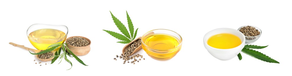 Image of Set with hemp oil, seeds and leaves on white background. Banner design