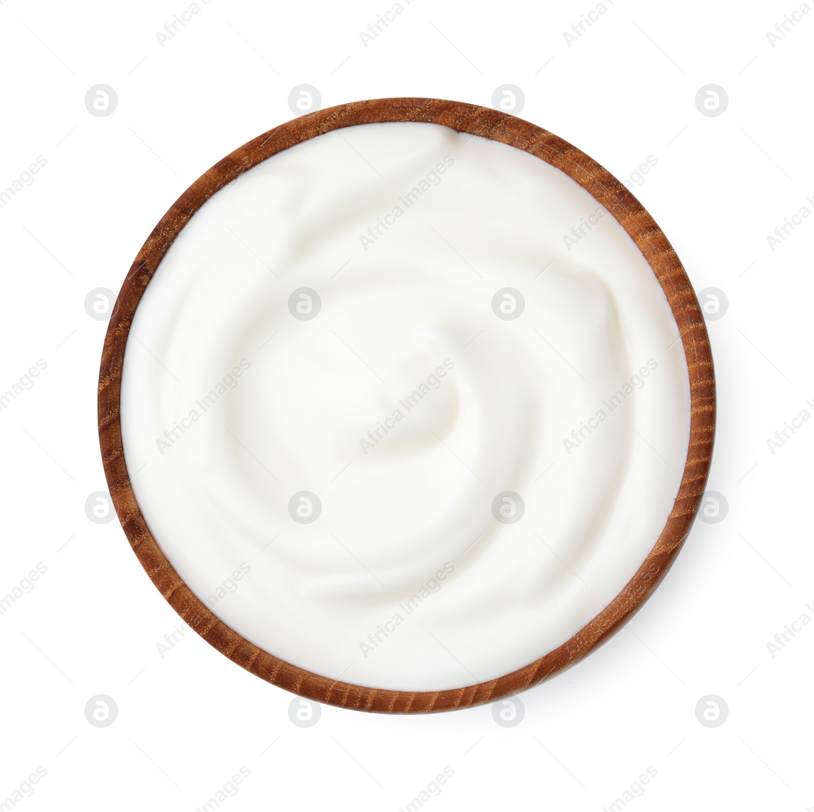 Photo of Delicious natural yogurt in bowl isolated on white, top view