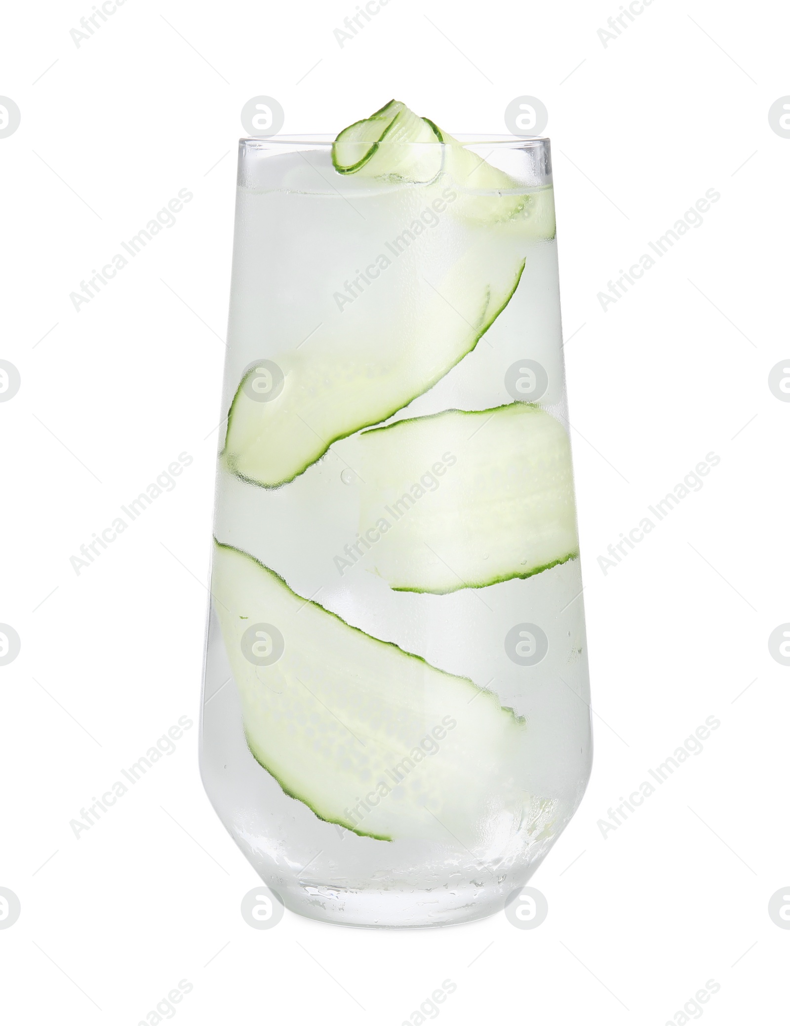 Photo of Tasty fresh cucumber water in glass isolated on white
