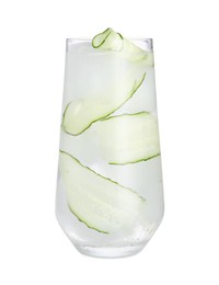 Tasty fresh cucumber water in glass isolated on white