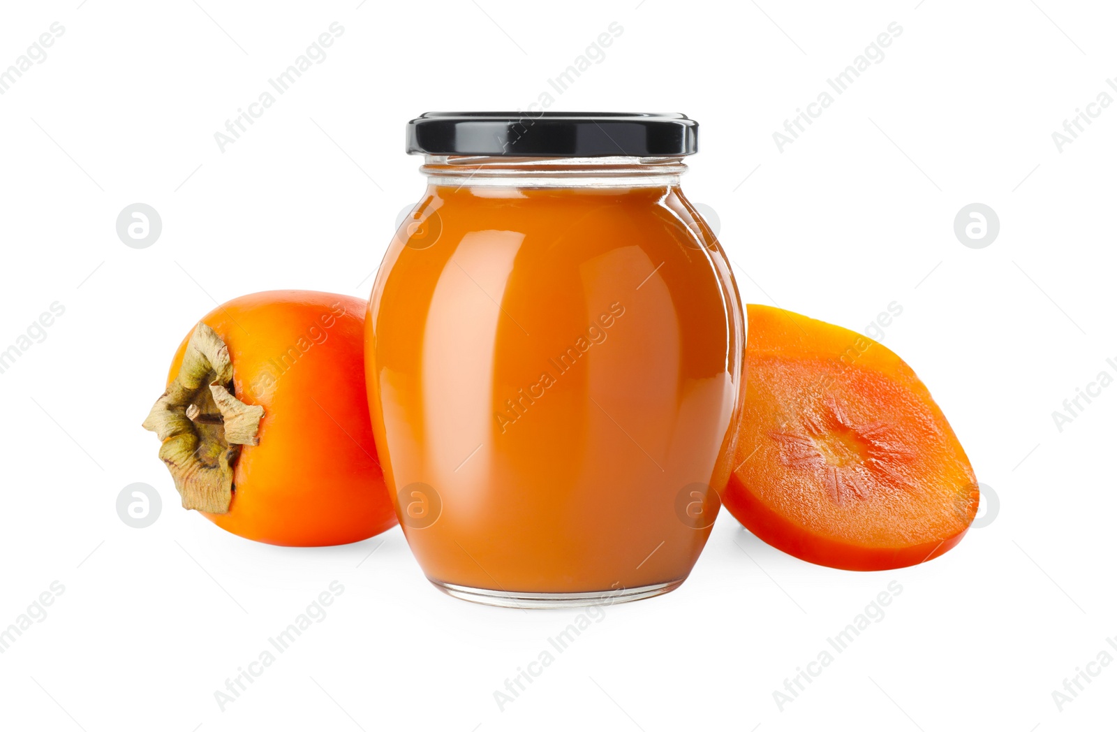 Photo of Delicious persimmon jam and fresh fruits isolated on white