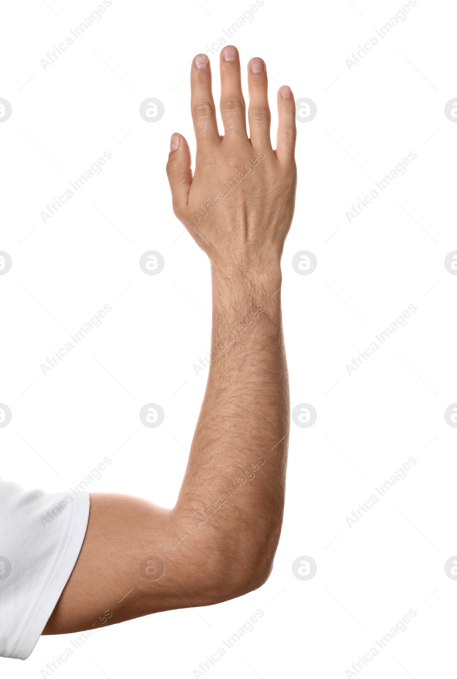 Photo of Man against white background, closeup of hand