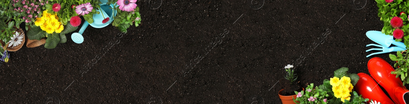 Image of Flat lay composition with gardening tools on soil, space for text. Banner design