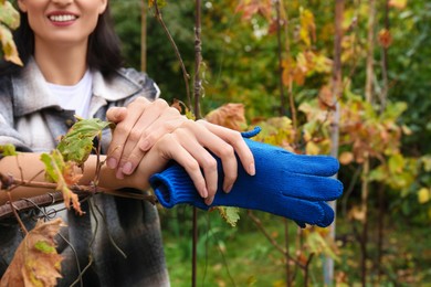 Photo of Woman holding blue protective gloves in garden, closeup
