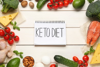 Photo of Notebook with words Keto Diet and fresh products on white wooden table, flat lay