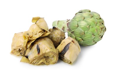 Photo of Delicious pickled artichokes and fresh vegetable on white background