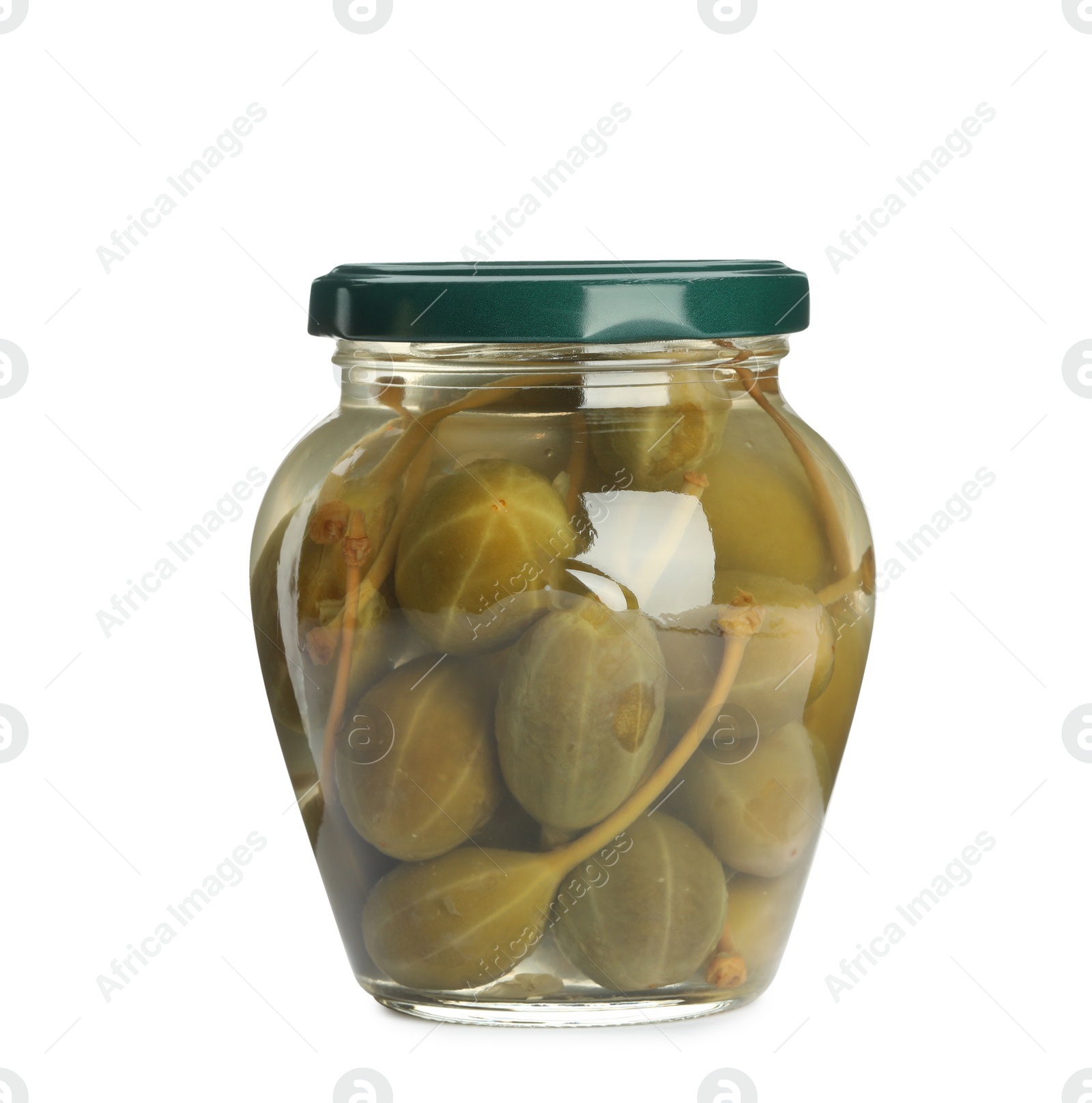 Photo of Capers in glass jar isolated on white